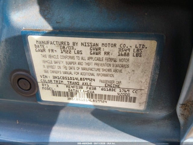 2004 Nissan Sentra 1.8s მანქანა იყიდება აუქციონზე, vin: 3N1CB51D14L859924, აუქციონის ნომერი: 46092949