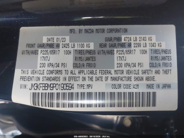 46092953 :رقم المزاد ، JM3KFBBM9P0190594 vin ، 2023 Mazda Cx-5 2.5 S Select مزاد بيع