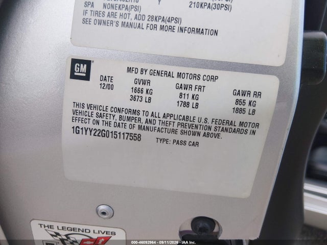 46092964 :رقم المزاد ، 1G1YY22G015117558 vin ، 2001 Chevrolet Corvette مزاد بيع