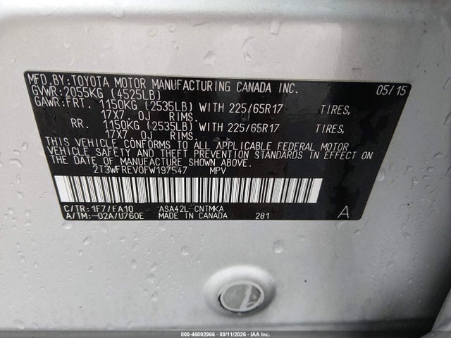 2015 Toyota Rav4 Xle მანქანა იყიდება აუქციონზე, vin: 2T3WFREV0FW197547, აუქციონის ნომერი: 46092966