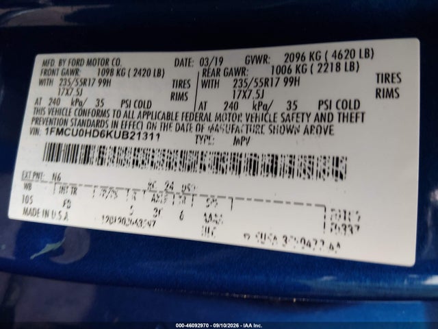 46092970 :رقم المزاد ، 1FMCU0HD6KUB21311 vin ، 2019 Ford Escape Sel مزاد بيع