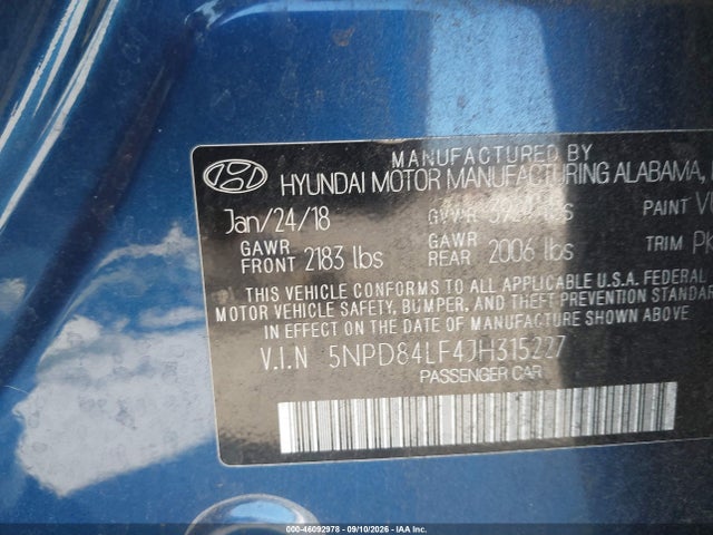 5NPD84LF4JH315227 Hyundai ELANTRA SEL