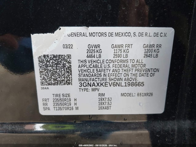 Aukcja sprzedaży 2022 Chevrolet Equinox Fwd Lt, vin: 3GNAXKEV6NL198665, numer aukcji: 46092982