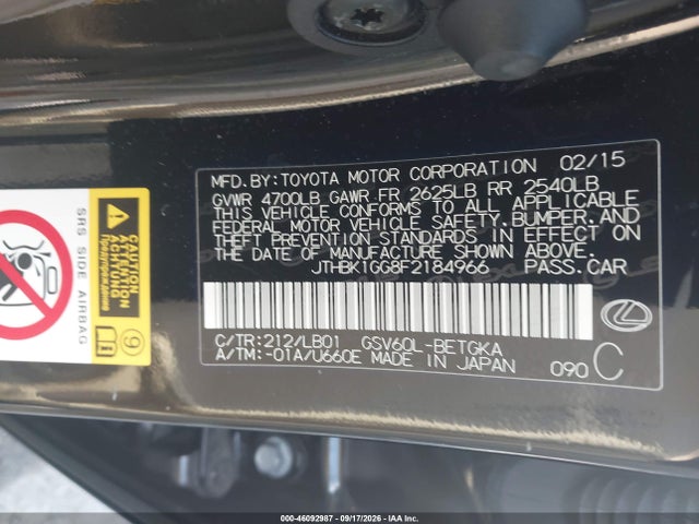 Aukcja sprzedaży 2015 Lexus Es 350, vin: JTHBK1GG8F2184966, numer aukcji: 46092987