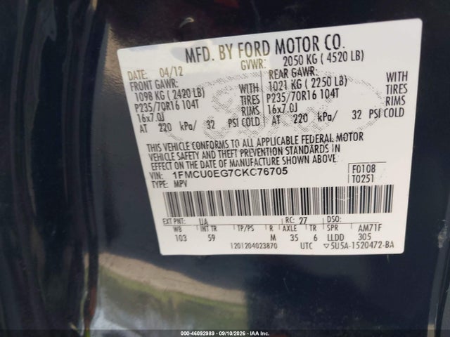 46092989 :رقم المزاد ، 1FMCU0EG7CKC76705 vin ، 2012 Ford Escape Limited مزاد بيع