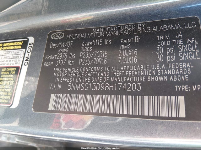 Продажа на аукционе авто 2008 Hyundai Santa Fe Gls, vin: 5NMSG13D98H174203, номер лота: 46092999