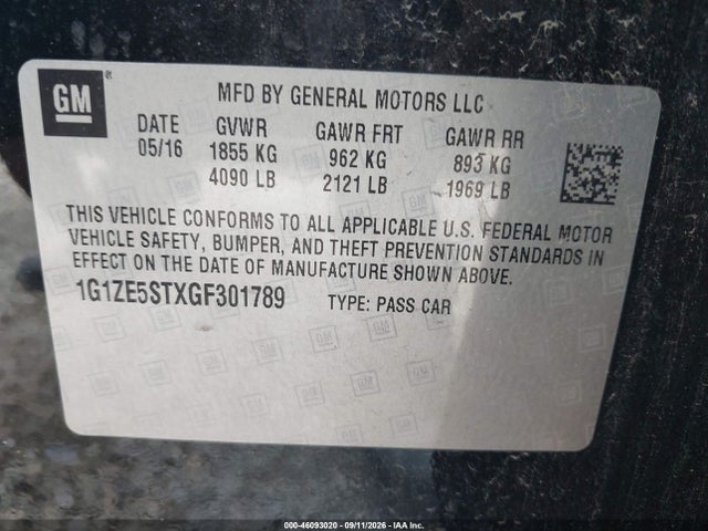 46093020 :رقم المزاد ، 1G1ZE5STXGF301789 vin ، 2016 Chevrolet Malibu 1lt مزاد بيع