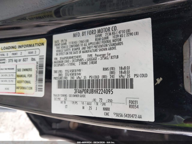 46093024 :رقم المزاد ، 3FA6P0RU8HR224095 vin ، 2017 Ford Fusion Hybrid Titanium مزاد بيع