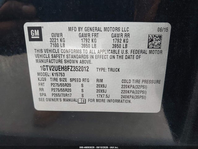 Продажа на аукционе авто 2015 Gmc Sierra 1500 Sle, vin: 1GTV2UEH8FZ352012, номер лота: 46093029