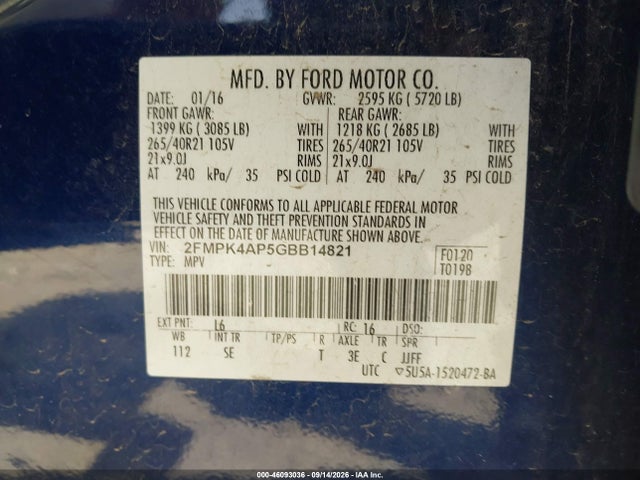 2016 Ford Edge Sport მანქანა იყიდება აუქციონზე, vin: 2FMPK4AP5GBB14821, აუქციონის ნომერი: 46093036