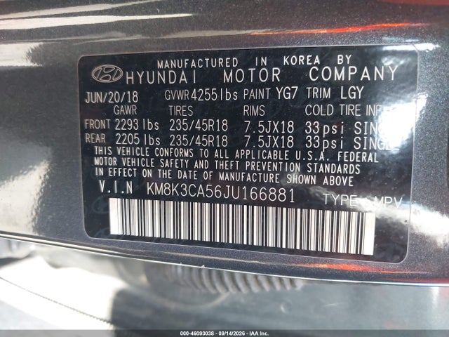 46093038 :رقم المزاد ، KM8K3CA56JU166881 vin ، 2018 Hyundai Kona Limited مزاد بيع
