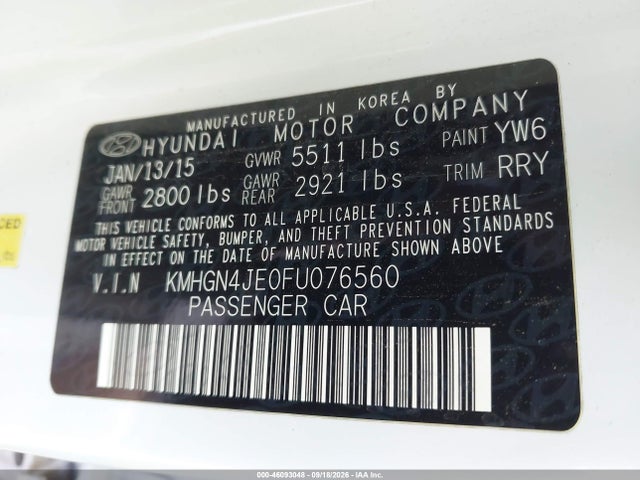 Auction sale of the 2015 Hyundai Genesis 3.8, vin: KMHGN4JE0FU076560, lot number: 46093048