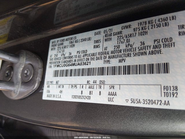 46093066 :رقم المزاد ، 1FMCU0G64MUA03621 vin ، 2021 Ford Escape Se مزاد بيع