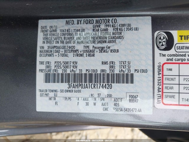 2012 Ford Fusion Sel მანქანა იყიდება აუქციონზე, vin: 3FAHP0JA1CR174420, აუქციონის ნომერი: 46093070