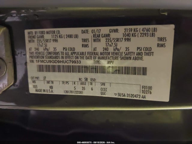Ford ESCAPE SE 2017 1FMCU9GD9HUC79933 Image 9