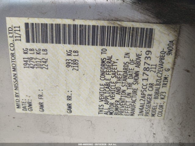 Aukcja sprzedaży 2012 Nissan Altima 2.5 S, vin: 1N4AL2AP5CC178739, numer aukcji: 46093082