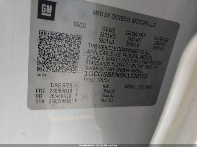 Aukcja sprzedaży 2019 Chevrolet Colorado Wt, vin: 1GCGSBEN6K1338153, numer aukcji: 46093091