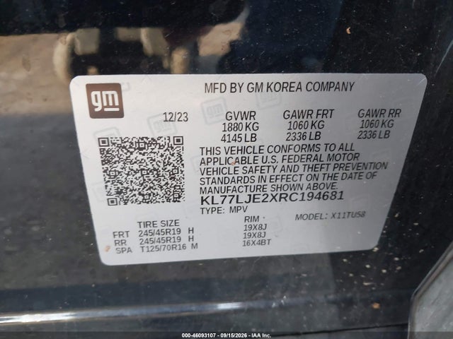 46093107 :رقم المزاد ، KL77LJE2XRC194681 vin ، 2024 Chevrolet Trax Fwd 2rs مزاد بيع