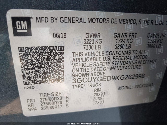 Aukcja sprzedaży 2019 Chevrolet Silverado 1500 Ltz, vin: 3GCUYGED9KG262998, numer aukcji: 46093108