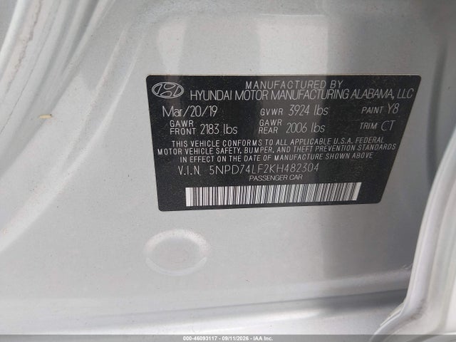 Продаж на аукціоні авто 2019 Hyundai Elantra Se, vin: 5NPD74LF2KH482304, номер лоту: 46093117