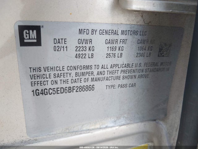 2011 Buick Lacrosse Cxl მანქანა იყიდება აუქციონზე, vin: 1G4GC5ED6BF286866, აუქციონის ნომერი: 46093126