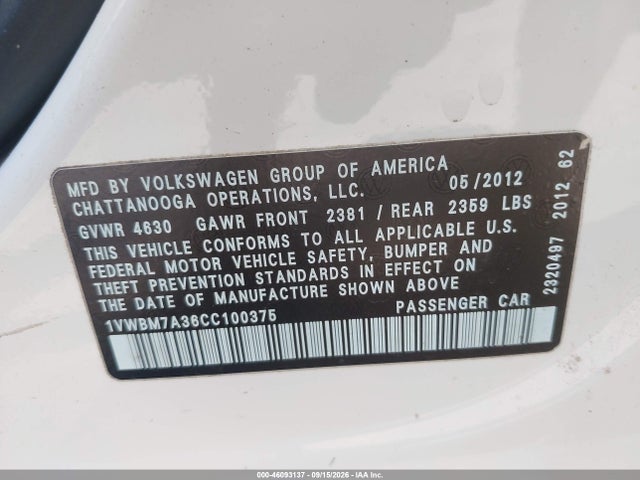 2012 Volkswagen Passat 3.6l V6 Se მანქანა იყიდება აუქციონზე, vin: 1VWBM7A36CC100375, აუქციონის ნომერი: 46093137