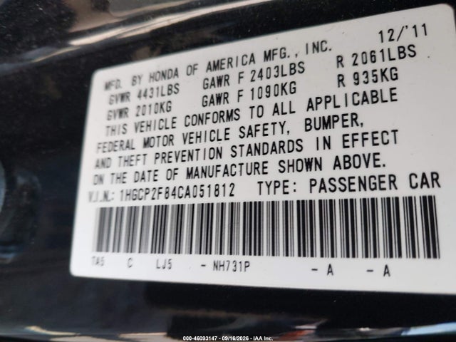 Aukcja sprzedaży 2012 Honda Accord 2.4 Ex-l, vin: 1HGCP2F84CA051812, numer aukcji: 46093147