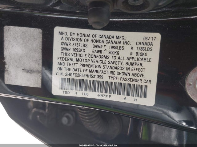 46093157 :رقم المزاد ، 2HGFC2F52HH531399 vin ، 2017 Honda Civic Lx مزاد بيع