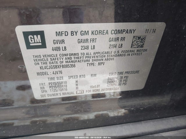 2015 Buick Encore Leather მანქანა იყიდება აუქციონზე, vin: KL4CJGSBXFB085356, აუქციონის ნომერი: 46093165