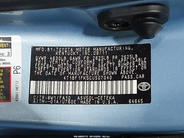 Продажа на аукционе авто 2012 Toyota Camry L, vin: 4T1BF1FK5CU507040, номер лота: 46093175