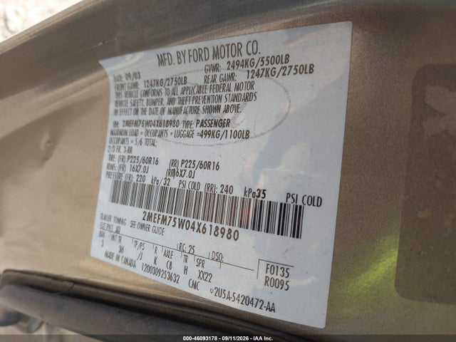 46093178 :رقم المزاد ، 2MEFM75W04X618980 vin ، 2004 Mercury Grand Marquis Ls مزاد بيع