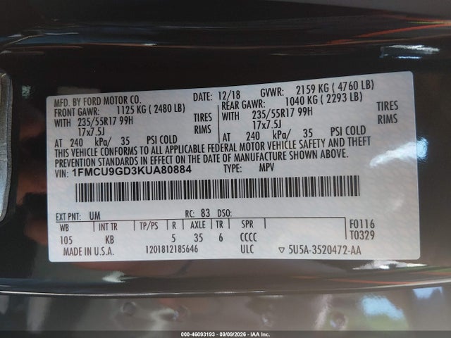 46093193 :رقم المزاد ، 1FMCU9GD3KUA80884 vin ، 2019 Ford Escape Se مزاد بيع