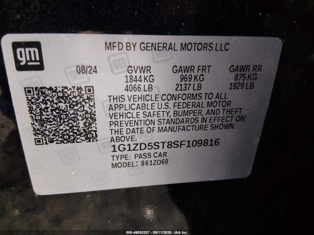Aukcja sprzedaży 2025 Chevrolet Malibu Fwd 1lt, vin: 1G1ZD5ST8SF109816, numer aukcji: 46093207
