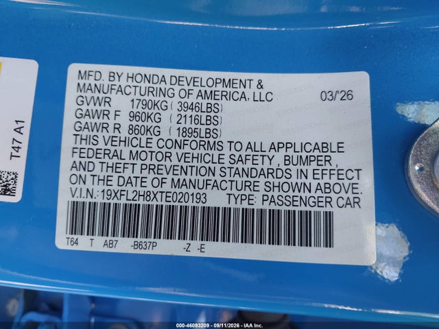 Aukcja sprzedaży 2026 Honda Civic Sport, vin: 19XFL2H8XTE020193, numer aukcji: 46093209