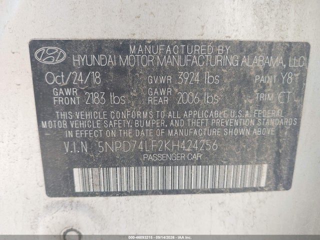 Aukcja sprzedaży 2019 Hyundai Elantra Se, vin: 5NPD74LF2KH424256, numer aukcji: 46093215