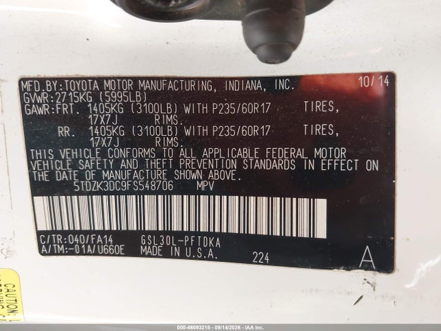 2015 Toyota Sienna L 7 Passenger მანქანა იყიდება აუქციონზე, vin: 5TDZK3DC9FS548706, აუქციონის ნომერი: 46093218
