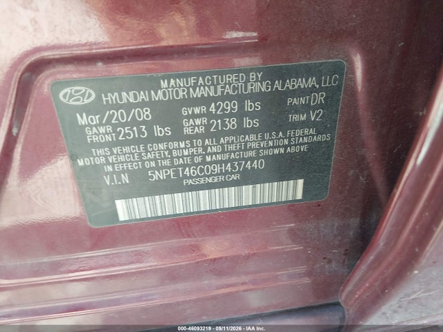 Aukcja sprzedaży 2009 Hyundai Sonata Gls, vin: 5NPET46C09H437440, numer aukcji: 46093219