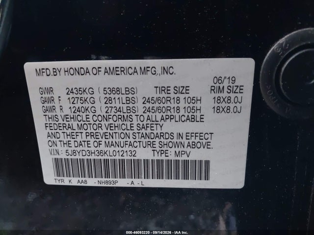 2019 Acura Mdx Standard მანქანა იყიდება აუქციონზე, vin: 5J8YD3H36KL012132, აუქციონის ნომერი: 46093220