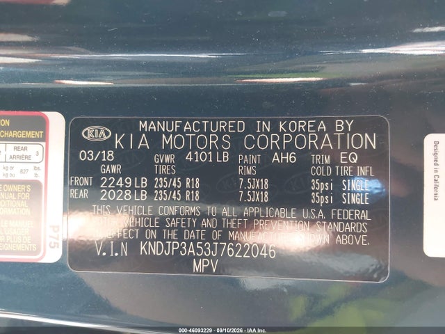 46093229 :رقم المزاد ، KNDJP3A53J7622046 vin ، 2018 Kia Soul + مزاد بيع
