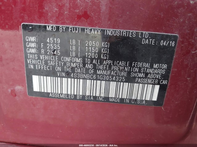 Продаж на аукціоні авто 2016 Subaru Legacy 2.5i Premium, vin: 4S3BNBC61G3054325, номер лоту: 46093230