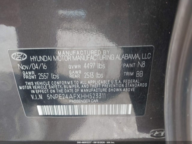 Aukcja sprzedaży 2017 Hyundai Sonata, vin: 5NPE24AFXHH523311, numer aukcji: 46093237