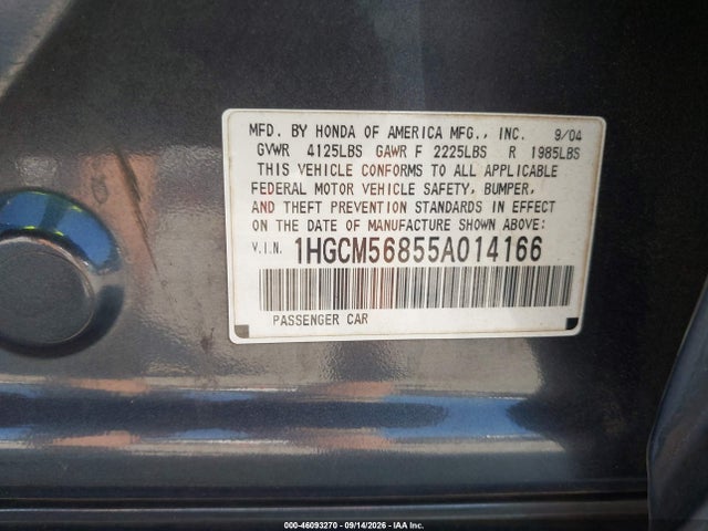 2005 Honda Accord 2.4 Ex მანქანა იყიდება აუქციონზე, vin: 1HGCM56855A014166, აუქციონის ნომერი: 46093270