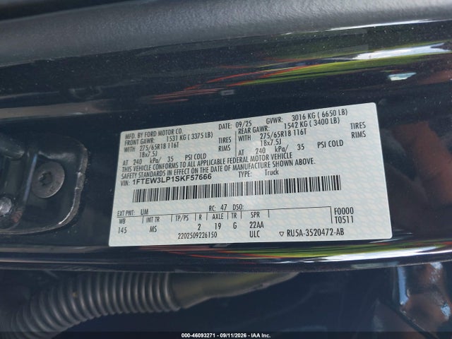 46093271 :رقم المزاد ، 1FTEW3LP1SKF57666 vin ، 2025 Ford F-150 Xlt مزاد بيع