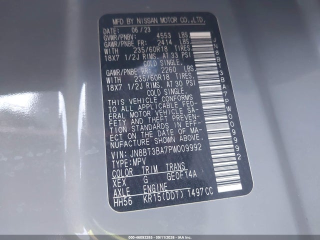 46093285 :رقم المزاد ، JN8BT3BA7PW009992 vin ، 2023 Nissan Rogue Sv Fwd مزاد بيع