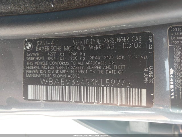 Aukcja sprzedaży 2003 Bmw 325i, vin: WBAEV33453KL59275, numer aukcji: 46093295
