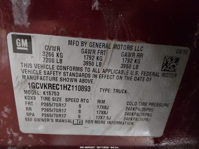 46093297 :رقم المزاد ، 1GCVKREC1HZ110893 vin ، 2017 Chevrolet Silverado 1500 1lt مزاد بيع