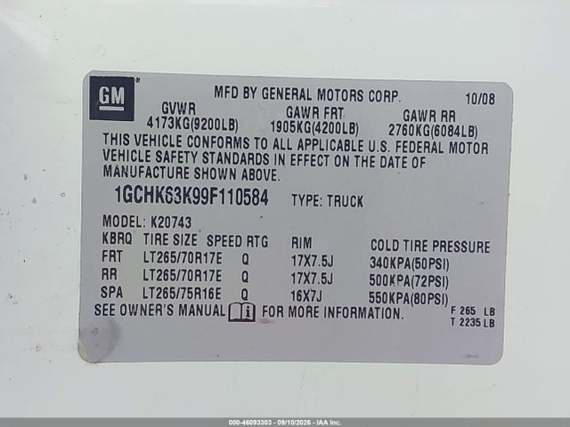 46093303 :رقم المزاد ، 1GCHK63K99F110584 vin ، 2009 Chevrolet Silverado 2500hd Ltz مزاد بيع