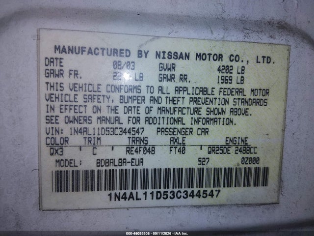 Aukcja sprzedaży 2003 Nissan Altima Sl, vin: 1N4AL11D53C344547, numer aukcji: 46093306
