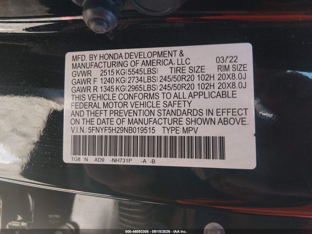 46093308 :رقم المزاد ، 5FNYF5H29NB019515 vin ، 2022 Honda Pilot 2wd Special Edition مزاد بيع