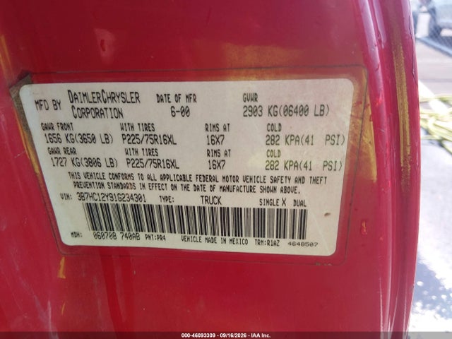 Aukcja sprzedaży 2001 Dodge Ram 1500 St, vin: 3B7HC12Y91G234301, numer aukcji: 46093309